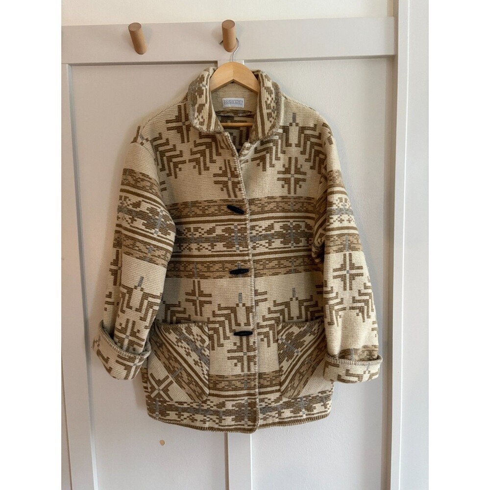 VTG Lands End Wool Coat Blend Aztec Print Jacket Beige Tan Southwest Geometric